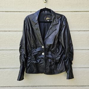 vintage Neto black ruched leather jacket size 12 MISSING BUTTON